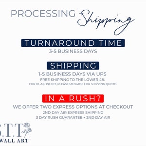 May include: A graphic with the text "PROCESSING Shipping" and "TURNAROUND TIME 3-5 BUSINESS DAYS" in navy blue. The text "SHIPPING 1-5 BUSINESS DAYS VIA UPS FREE SHIPPING TO THE LOWER 48. FOR HI, AK, PR ECT, PLEASE MESSAGE FOR SHIPPING QUOTE." is in black. The text "IN A RUSH? WE OFFER TWO EXPRESS OPTIONS AT CHECKOUT 2ND DAY AIR EXPRESS SHIPPING 3 DAY RUSH GUARANTEE + 2ND DAY AIR" is in red. The text "S.T.T WALL ART" is in navy blue with a stylized rose.