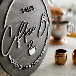 Coffee Bar Sign Custom Round Wood Sign 3D Sign Personalized Gift Circle Coffee Bar Name Sign Kitchen Sign Gifts for home image 2