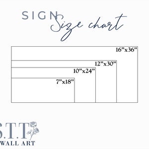 May include: A size chart for wall art prints, showing different sizes in inches: 7"x18", 10"x24", 12"x30", and 16"x36". The chart is labeled "Sign Size Chart" and has the text "S.T.T. Wall Art" at the bottom.
