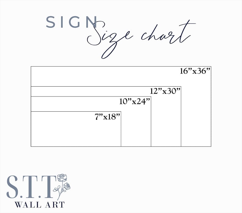 May include: A size chart for wall art prints, showing different sizes in inches: 7"x18", 10"x24", 12"x30", and 16"x36". The chart is labeled "Sign Size Chart" and has the text "S.T.T. Wall Art" at the bottom.