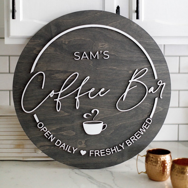 Coffee Bar Sign Custom Round Wood Sign 3D Sign Personalized Gift Circle Coffee Bar Name Sign Kitchen Sign Gifts for home image 1