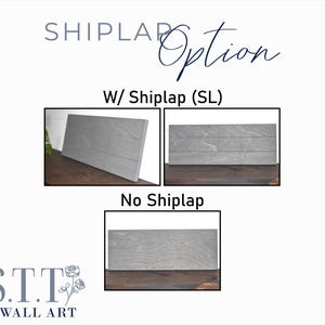 Puede incluir: Dos letreros de madera, uno con revestimiento de madera y otro sin &eacute;l, ambos pintados de gris. Los letreros est&aacute;n sobre una superficie de madera. El texto "Shiplap Option" est&aacute; encima de los letreros. El texto "W/ Shiplap (SL)" est&aacute; encima del letrero con revestimiento de madera. El texto "No Shiplap" est&aacute; debajo de los letreros.