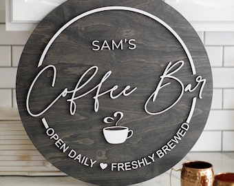 Coffee Bar Sign - Custom Round Wood Sign - 3D Sign - Personalized Gift - Circle Coffee Bar Name Sign - Kitchen Sign - Gifts for home