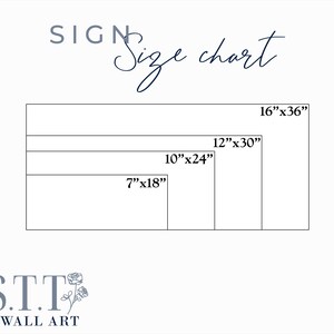 May include: A white background with a sign size chart. The chart displays rectangular sizes: 7"x18", 10"x24", 12"x30", and 16"x36". The text "SIGN" and "Size chart" are in a dark blue script. The logo "S.T.T WALL ART" is at the bottom.