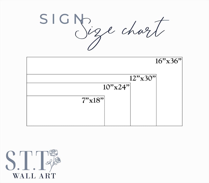 May include: A white background with a sign size chart. The chart displays rectangular sizes: 7"x18", 10"x24", 12"x30", and 16"x36". The text "SIGN" and "Size chart" are in a dark blue script. The logo "S.T.T WALL ART" is at the bottom.