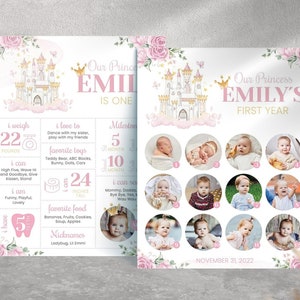 Baby's First Year Milestone Board Template • Editable 1st Birthday Photo Milestone Sign Princess Style