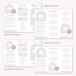 Puede incluir: Una gu&iacute;a de precios de fotograf&iacute;a con un fondo marr&oacute;n claro y un dise&ntilde;o de arco blanco. La gu&iacute;a incluye precios para diferentes tipos de sesiones de fotograf&iacute;a, incluyendo beb&eacute;s y ni&ntilde;os, familia, boda, parejas y negocios. La gu&iacute;a tambi&eacute;n incluye una oferta de descuento del 20%.