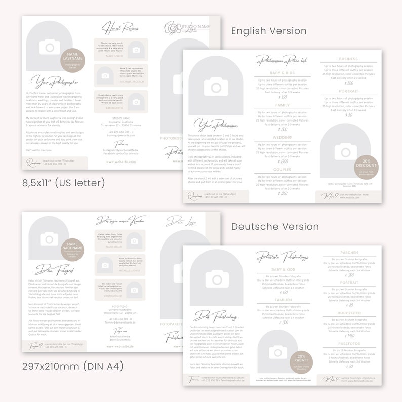 Puede incluir: Una gu&iacute;a de precios de fotograf&iacute;a con un fondo marr&oacute;n claro y un dise&ntilde;o de arco blanco. La gu&iacute;a incluye precios para diferentes tipos de sesiones de fotograf&iacute;a, incluyendo beb&eacute;s y ni&ntilde;os, familia, boda, parejas y negocios. La gu&iacute;a tambi&eacute;n incluye una oferta de descuento del 20%.