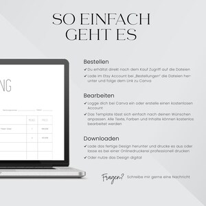 May include: A white and gray digital planner template with the text "SO EINFACH GEHT ES" at the top. The template includes instructions for ordering, editing, and downloading the planner. The text "Fragen?" is at the bottom of the template.