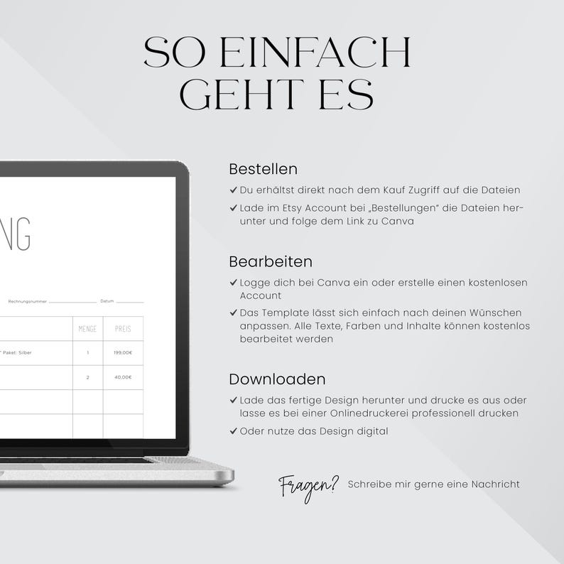 May include: A white and gray digital planner template with the text "SO EINFACH GEHT ES" at the top. The template includes instructions for ordering, editing, and downloading the planner. The text "Fragen?" is at the bottom of the template.