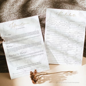 May include: A white and gray marble-patterned appointment card with gold text. The card includes a section for client information and a section for appointment details. The text on the card reads "Informationen zu deinem Termin" and "Kundenkarte".