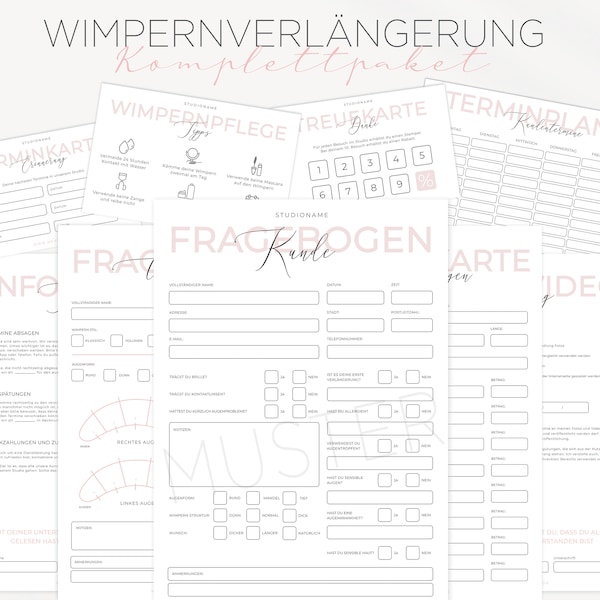 Werbemittel für Wimpernstudio, Werbematerialien wie Kundenfragebögen, Pflegekarte für Wimpernverlängerung, Terminplaner für Wimpernstylistin