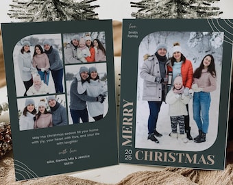 May include: Christmas cards with family photos. One card features a collage of family photos, the other has a single photo. The cards have a dark green background with the words "Merry Christmas" and the year 2025.