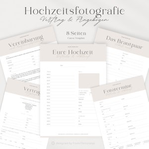 May include: A set of eight printable wedding photography contract and questionnaire templates in a minimalist style with a light gray background. The templates include sections for the couple's details, wedding timeline, photo shoot locations, and a contract.