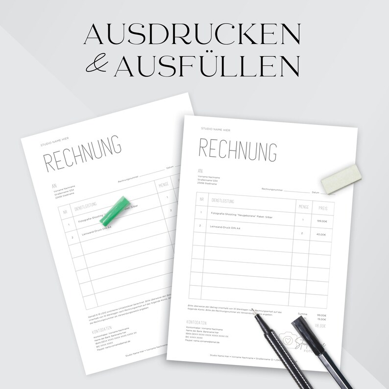 May include: Two blank invoice forms with the German words "AUSDRUCKEN & AUSF&Uuml;LLEN" at the top. The forms have the word "RECHNUNG" at the top of each form. The forms have columns for "Nr.", "Dienstleistung", "Menge", and "Preis".