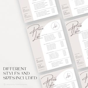 Op de afbeelding: Een prijslijst voor een schoonheidssalon met diensten en prijzen die in een wit en beige kleurenschema worden weergegeven. De salon biedt haarstyling, nagelbehandelingen, wimperverlengingen en waxen aan. De tekst "Price List" is geschreven in een cursief schrift.