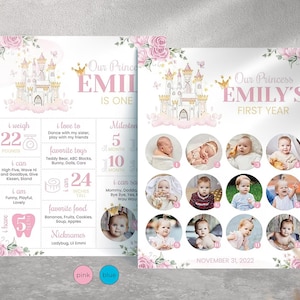 Baby's First Year Milestone Board Template • Editable 1st Birthday Photo Milestone Sign Princess Style