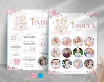 Baby's First Year Milestone Board Template • Editable 1st Birthday Photo Milestone Sign Princess Style