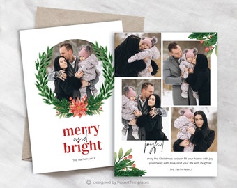 Floral Christmas Card Template, Watercolor Holiday Card (Digital Download)