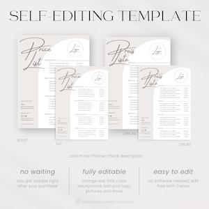 Op de afbeelding: Een zelfbewerkbare sjabloon voor een prijslijst. De sjabloon heeft een minimalistisch ontwerp met een gebogen vorm aan de bovenkant en een logo-plaatsaanduiding. De tekst "Price List" is geschreven in een handschrift. De sjabloon is beschikbaar in vier formaten: 8,5 x 11 inch, 5 x 7 inch, DIN A4 en DIN A5.