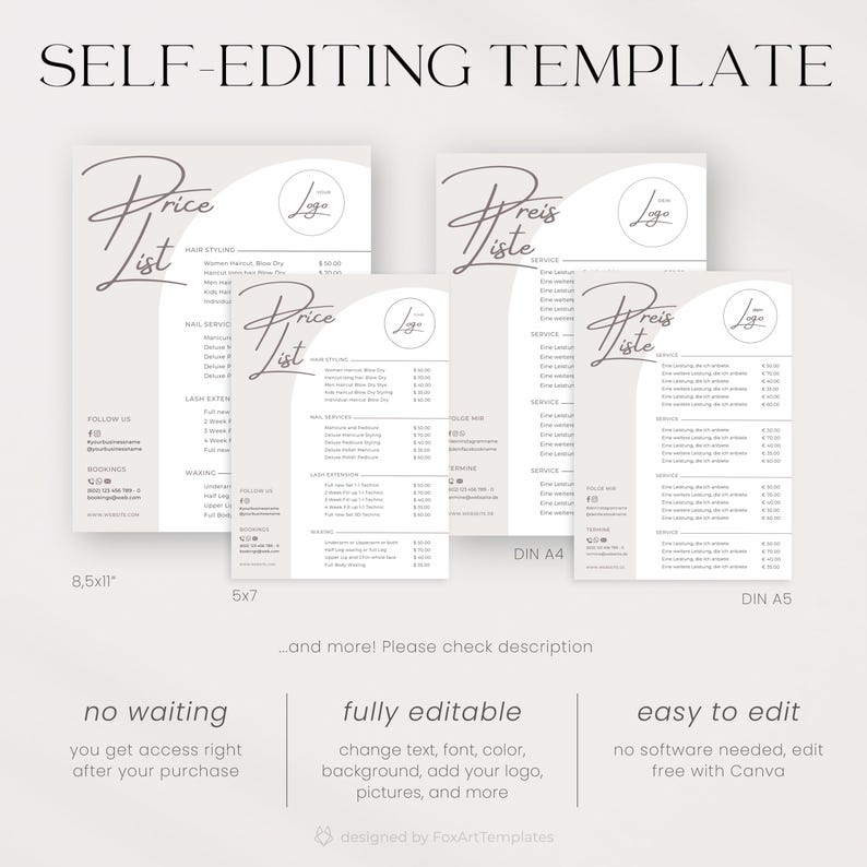 Op de afbeelding: Een zelfbewerkbare sjabloon voor een prijslijst. De sjabloon heeft een minimalistisch ontwerp met een gebogen vorm aan de bovenkant en een logo-plaatsaanduiding. De tekst "Price List" is geschreven in een handschrift. De sjabloon is beschikbaar in vier formaten: 8,5 x 11 inch, 5 x 7 inch, DIN A4 en DIN A5.
