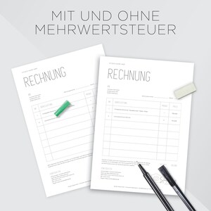 May include: Two blank invoice templates with the text "MIT UND OHNE MEHRWERTSTEUER" at the top. The templates are labeled "RECHNUNG" and have fields for "AN", "STELLUNG", "MENGE", "PREIS", and "SUMME".