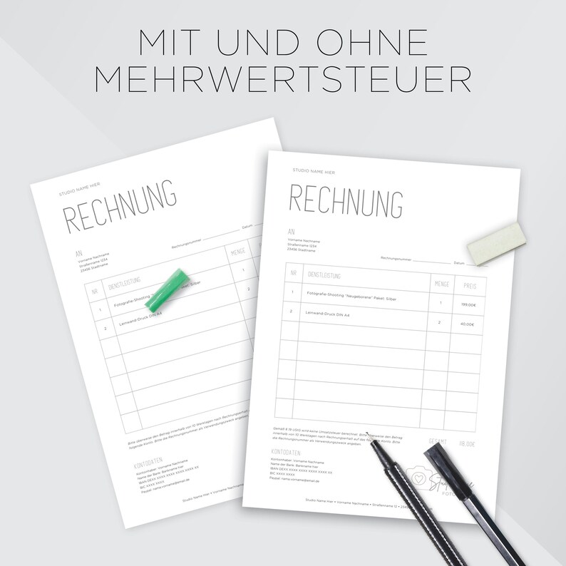 May include: Two blank invoice templates with the text "MIT UND OHNE MEHRWERTSTEUER" at the top. The templates are labeled "RECHNUNG" and have fields for "AN", "STELLUNG", "MENGE", "PREIS", and "SUMME".