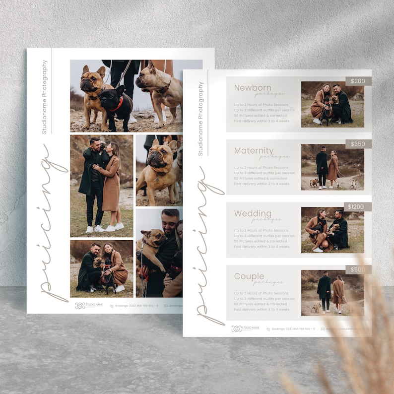 K&ouml;nnte beinhalten: Ein Preisf&uuml;hrer f&uuml;r Fotodienstleistungen. Der Leitfaden enth&auml;lt Pakete f&uuml;r Neugeborenen-, Schwangerschafts-, Hochzeits- und Paarfotografie. Jedes Paket beinhaltet eine Beschreibung der angebotenen Leistungen, wie z. B. die Anzahl der Fotostunden, die Anzahl der Outfits und die Anzahl der bearbeiteten Fotos. Die Preise f&uuml;r jedes Paket sind in Euro angegeben.