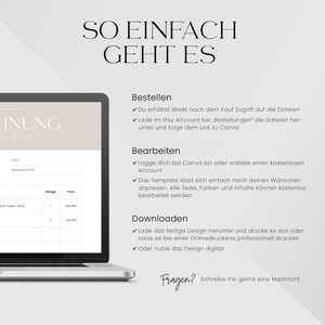 Puede incluir: Una pantalla de computadora port&aacute;til que muestra instrucciones sobre c&oacute;mo usar una plantilla de Canva. El texto en la pantalla dice "So einfach geht es" (alem&aacute;n para "Tan f&aacute;cil es") e incluye los pasos "Bestellen" (Pedir), "Bearbeiten" (Editar) y "Downloaden" (Descargar).