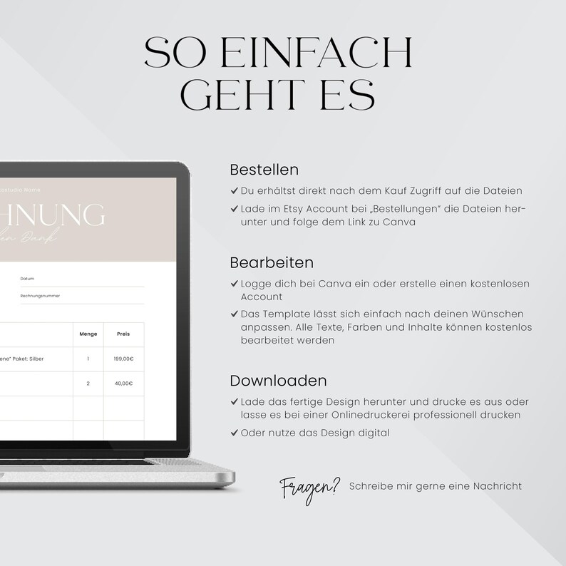 Puede incluir: Una pantalla de computadora port&aacute;til que muestra instrucciones sobre c&oacute;mo usar una plantilla de Canva. El texto en la pantalla dice "So einfach geht es" (alem&aacute;n para "Tan f&aacute;cil es") e incluye los pasos "Bestellen" (Pedir), "Bearbeiten" (Editar) y "Downloaden" (Descargar).