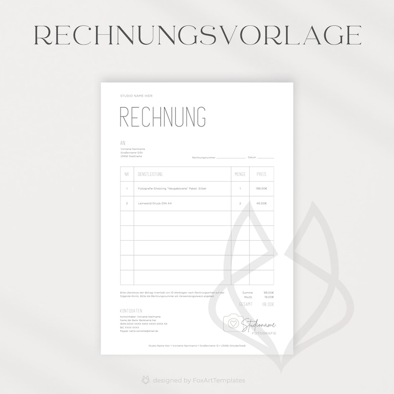 May include: A black and white invoice template with the title "RECHNUNGSVORLAGE" at the top. The template includes fields for the invoice number, date, customer information, item description, quantity, price, and total. The template also includes a section for contact information and a logo with a camera and heart.