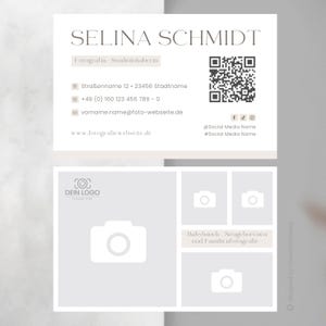 May include: A business card for a photographer named Selina Schmidt. The card features a QR code, contact information, and the text "Fotografin Studioinhaberin" which translates to "Photographer Studio Owner". The card also includes a logo with the text "DEIN LOGO" and the text "Babybauch Neugeborenen und Familienfotografie" which translates to "Baby Bump Newborn and Family Photography".