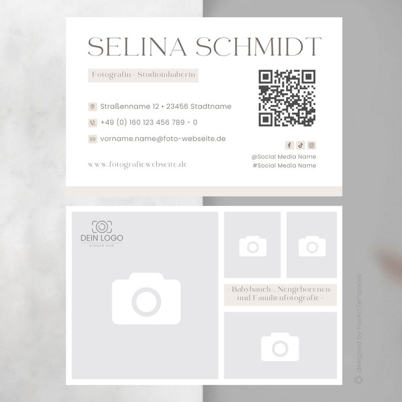 May include: A business card for a photographer named Selina Schmidt. The card features a QR code, contact information, and the text "Fotografin Studioinhaberin" which translates to "Photographer Studio Owner". The card also includes a logo with the text "DEIN LOGO" and the text "Babybauch Neugeborenen und Familienfotografie" which translates to "Baby Bump Newborn and Family Photography".