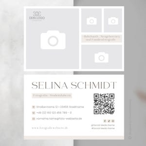 May include: A business card for a photographer named Selina Schmidt. The card features a logo, contact information, and a QR code. The text on the card reads "Selina Schmidt, Fotografin Studioinhaberin, Stra&szlig;enname 12, 23456 Stadtname, +49 (0) 160 123 456 789-0, vorname.name@foto-webseite.de, www.fotograficwebseite.de, @Social Media Name, #Social Media Name".