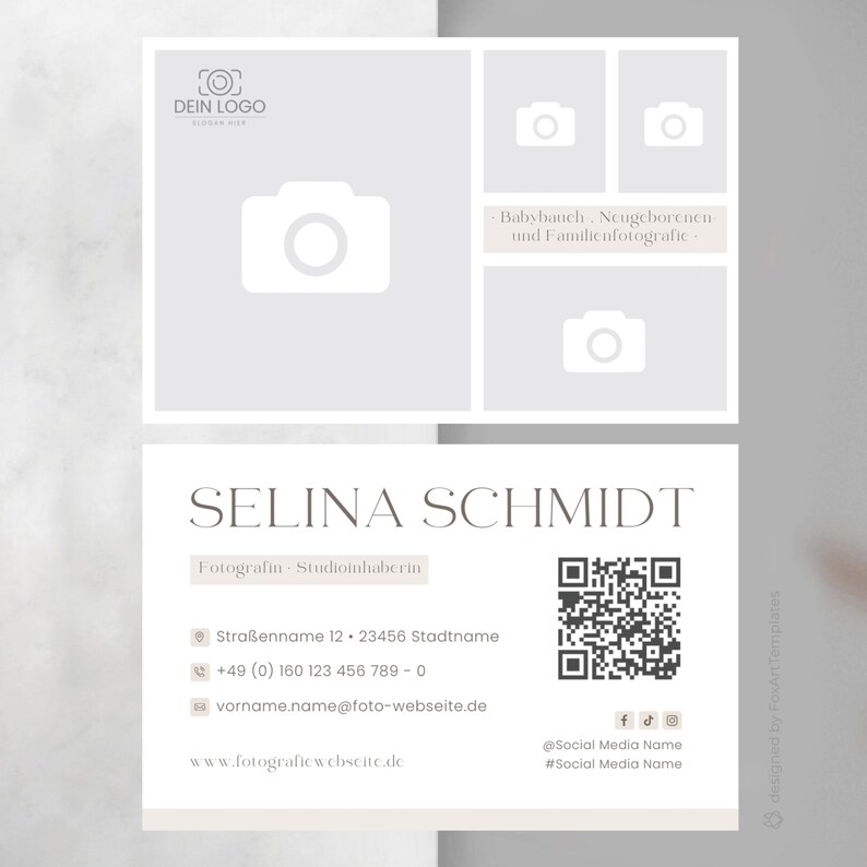May include: A business card for a photographer named Selina Schmidt. The card features a logo, contact information, and a QR code. The text on the card reads "Selina Schmidt, Fotografin Studioinhaberin, Stra&szlig;enname 12, 23456 Stadtname, +49 (0) 160 123 456 789-0, vorname.name@foto-webseite.de, www.fotograficwebseite.de, @Social Media Name, #Social Media Name".