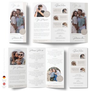 Puede incluir: Un folleto tr&iacute;ptico para un negocio de fotograf&iacute;a. El folleto presenta una lista de precios para diferentes tipos de sesiones de fotos, incluyendo beb&eacute;s y ni&ntilde;os, negocios, retratos, familias, bodas y parejas. El folleto tambi&eacute;n incluye testimonios de clientes satisfechos y una oferta de descuento del 20%.