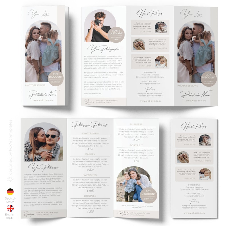 Puede incluir: Un folleto tr&iacute;ptico para un negocio de fotograf&iacute;a. El folleto presenta una lista de precios para diferentes tipos de sesiones de fotos, incluyendo beb&eacute;s y ni&ntilde;os, negocios, retratos, familias, bodas y parejas. El folleto tambi&eacute;n incluye testimonios de clientes satisfechos y una oferta de descuento del 20%.