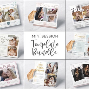 May include: A set of nine square templates for mini photo sessions. The templates feature different themes, including spring, maternity, fall, mom and me, couple, mini winter sessions, and boudoir. Each template includes a title, a price, and a call to action.