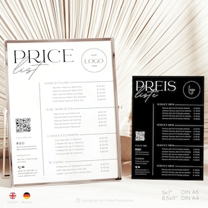 Könnte beinhalten: Eine schwarz-weiße Preisliste für einen Schönheitssalon. Die Liste enthält Dienstleistungen wie Hairstyling, Nagelpflege, Wimpernverlängerungen und Waxing. Die Preise sind in Euro angegeben. Das Logo des Salons befindet sich in der oberen rechten Ecke der Seite. Die Kontaktdaten des Salons befinden sich am unteren Rand der Seite.