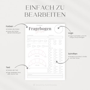 May include: A black and white printable questionnaire for eyelash extensions. The questionnaire includes sections for client information, lash preferences, and aftercare instructions. The text on the questionnaire is in German.