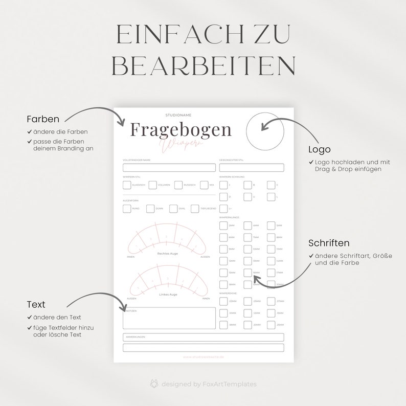May include: A black and white printable questionnaire for eyelash extensions. The questionnaire includes sections for client information, lash preferences, and aftercare instructions. The text on the questionnaire is in German.
