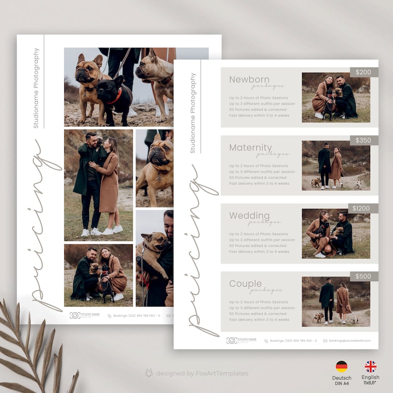 K&ouml;nnte beinhalten: Ein Preisverzeichnis f&uuml;r ein Fotostudio mit Bildern von Paaren und Familien mit Hunden. Der Leitfaden listet Preise f&uuml;r Neugeborenen-, Schwangerschafts-, Hochzeits- und Paar-Fotopakete auf. Der Text enth&auml;lt die Dauer der Fotosession, die Anzahl der Outfits, die Anzahl der bearbeiteten Fotos und die Lieferzeit.
