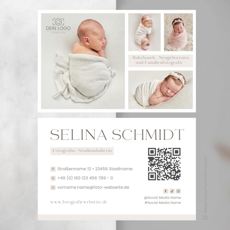 May include: A business card for a photographer specializing in newborn, baby bump, and family photography. The card features a white background with a black and white logo, the photographer's name, contact information, and a QR code. The card also includes social media icons and the text "Babybauch, Neugeborenen und Familienfotografie."