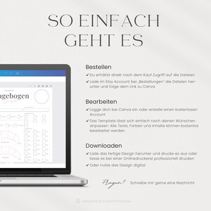May include: A digital illustration of a printable study planner template with the text "SO EINFACH GEHT ES" in German. The template is designed for use with Canva and includes instructions for ordering, editing, and downloading the template.