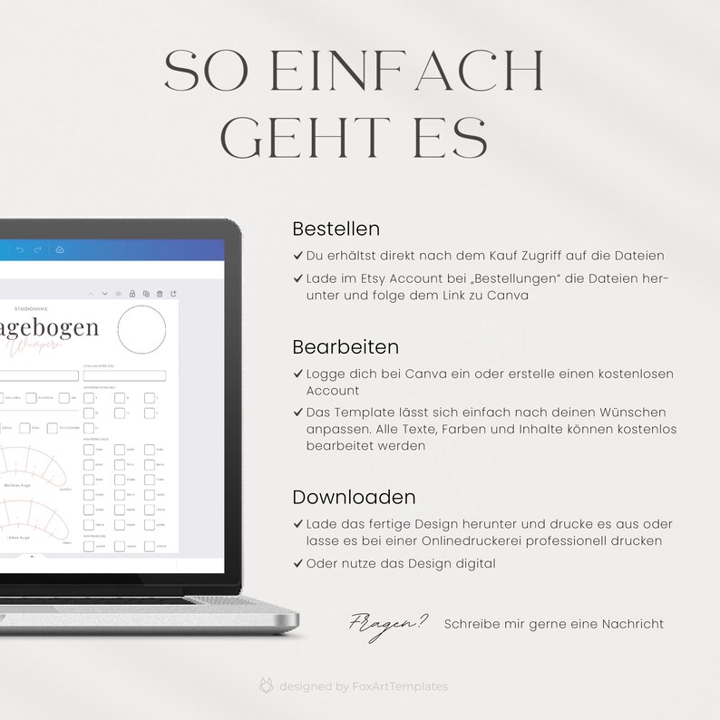 May include: A digital illustration of a printable study planner template with the text "SO EINFACH GEHT ES" in German. The template is designed for use with Canva and includes instructions for ordering, editing, and downloading the template.