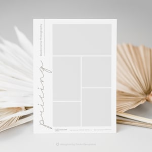 K&ouml;nnte beinhalten: Eine wei&szlig;e Preisvorlage mit einem grauen Rasterlayout f&uuml;r ein Fotostudio. Der Text "pricing" ist in Kursivschrift auf der linken Seite der Vorlage geschrieben. Der Text "Studio name Photography" befindet sich auf der rechten Seite der Vorlage. Die Vorlage wurde von FoxArtTemplates entworfen.