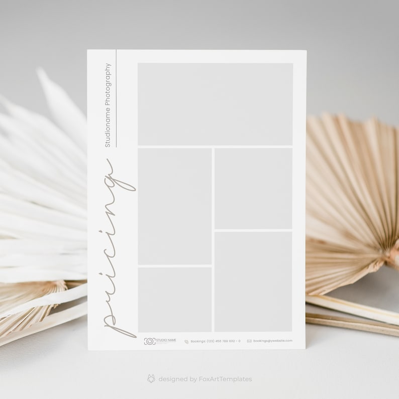K&ouml;nnte beinhalten: Eine wei&szlig;e Preisvorlage mit einem grauen Rasterlayout f&uuml;r ein Fotostudio. Der Text "pricing" ist in Kursivschrift auf der linken Seite der Vorlage geschrieben. Der Text "Studio name Photography" befindet sich auf der rechten Seite der Vorlage. Die Vorlage wurde von FoxArtTemplates entworfen.
