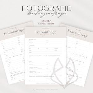 May include: A three-page photography booking request form template in Canva. The template has a light gray background with a geometric design in the center. The text "Fotoanfrage" is repeated on each page, with the words "Hochzeit", "Allgemein", and "Reportage" below it.