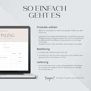 May include: A laptop screen displaying a digital product listing for customizable forms. The text on the screen reads "So einfach geht es" (German for "So easy it is") and includes information about ordering and delivery. The text also includes the phrase "Produkte w&auml;hlen" (German for "Choose products") and "Bestellung" (German for "Order").