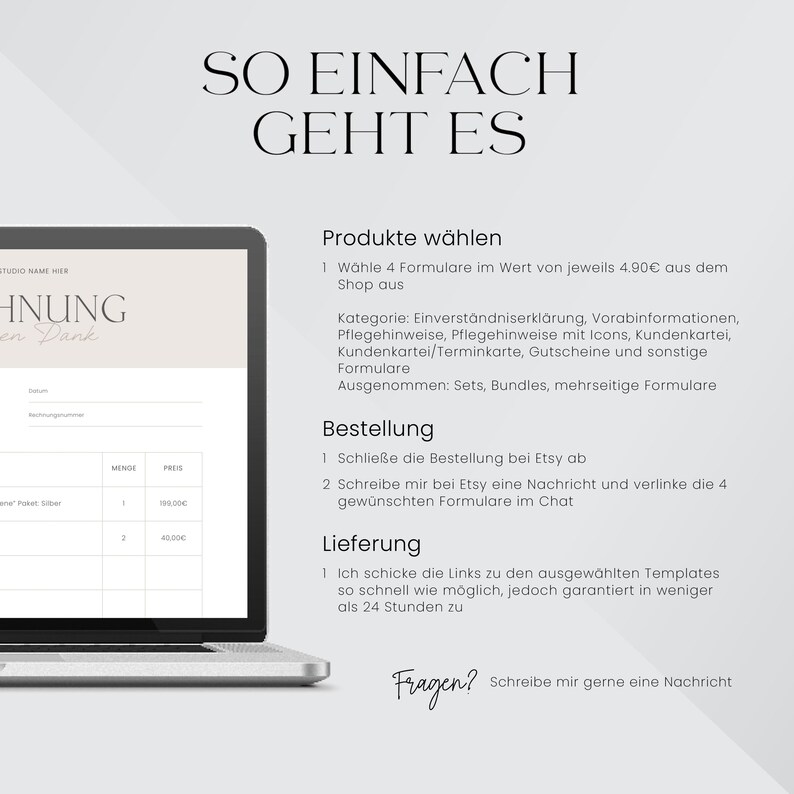 May include: A laptop screen displaying a digital product listing for customizable forms. The text on the screen reads "So einfach geht es" (German for "So easy it is") and includes information about ordering and delivery. The text also includes the phrase "Produkte w&auml;hlen" (German for "Choose products") and "Bestellung" (German for "Order").